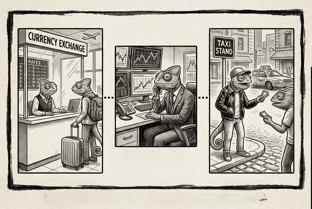 La casa de cambio de un aeropuerto, la terminal de un trader en Wall Street y la parada de taxis